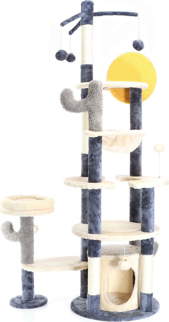 Fudajo Kratzbaum im Kaktusdesign Dunkelgrau 172 cm, Katzenkratzbaum mit Katzenhaus u. Liegemulde, Katzenbaum mit Sisal, Katzenmöbel mit Spielbälle