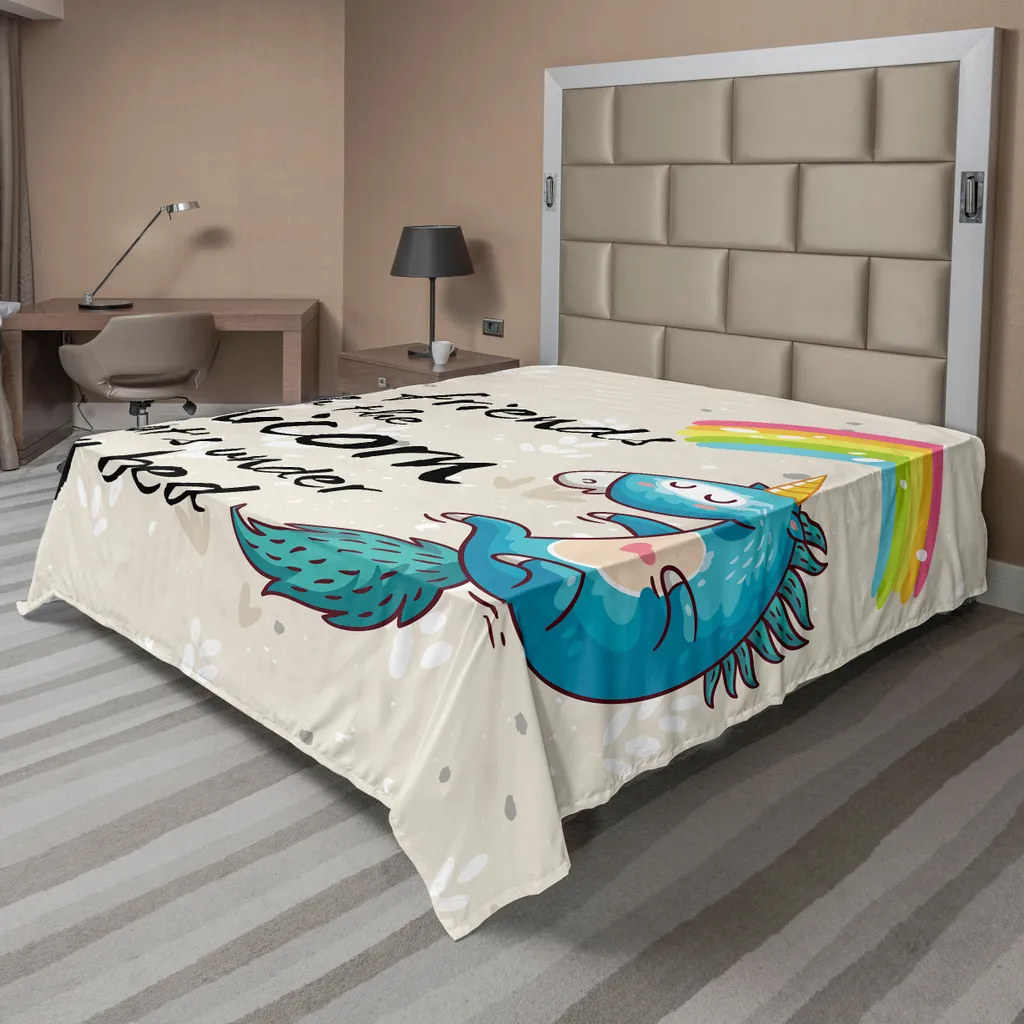 ABAKUHAUS Drap plat Licorne et Arc-en-ciel 266 x 260 cm en Microfibre Crème