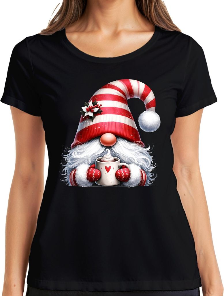 Niedlicher Weihnachtswichtel mit Tasse und Herz Weihnachtsgeschenk Damen T-Shirt, Schwarz, S