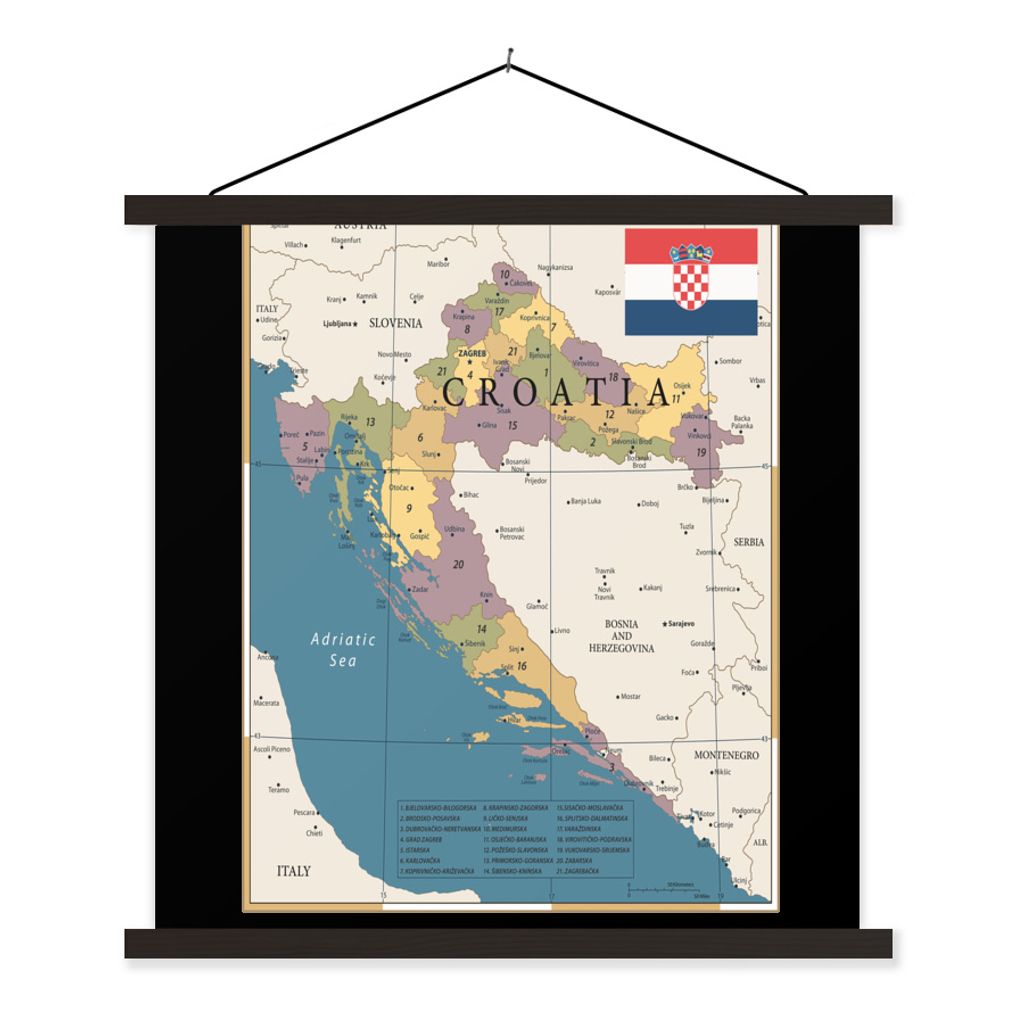 MuchoWow Textilposter Karte von Kroatien mit Bezirken und Städten 90x90 cm mit schwarzem Rahmen - Magnetisches