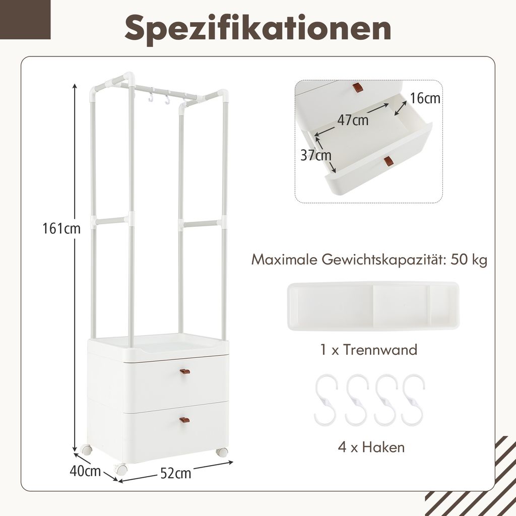 Věšák na oblečení COSTWAY se 2 zásuvkami, věšákem s Obrázek produktu 3