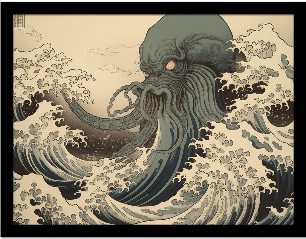 Wave Collection - Gerahmtes Poster "Cthulhu Wave" PM10744 (40 cm x 30 cm) (Beige/Grau)