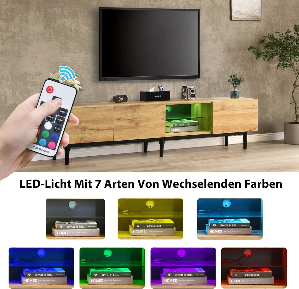 Banc TV moderne en bois de chêne avec éclairage LED modulable - 175 cm
