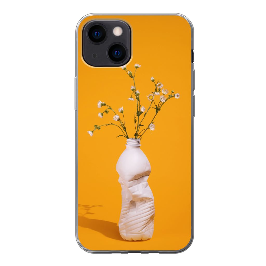 MuchoWow Handyhülle Schutzhülle Hülle für iPhone 13 mini Flasche - Blumenstrauß - Gelb Silikon Softcase Handy Hülle - Softcase