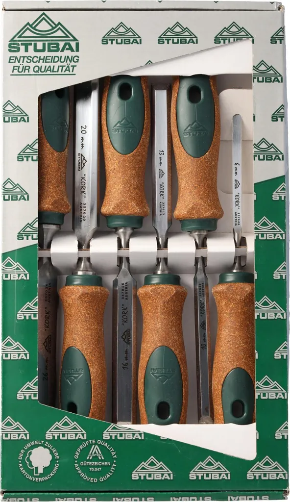 Set di scalpelli con manico in sughero, set di 6 pezzi (6,10,13,16,20,26 mm) con manico in sughero antiscivolo di produzione sostenibile, scalpelli STUBAI per la lavorazione precisa del legno, scalpelli speciali