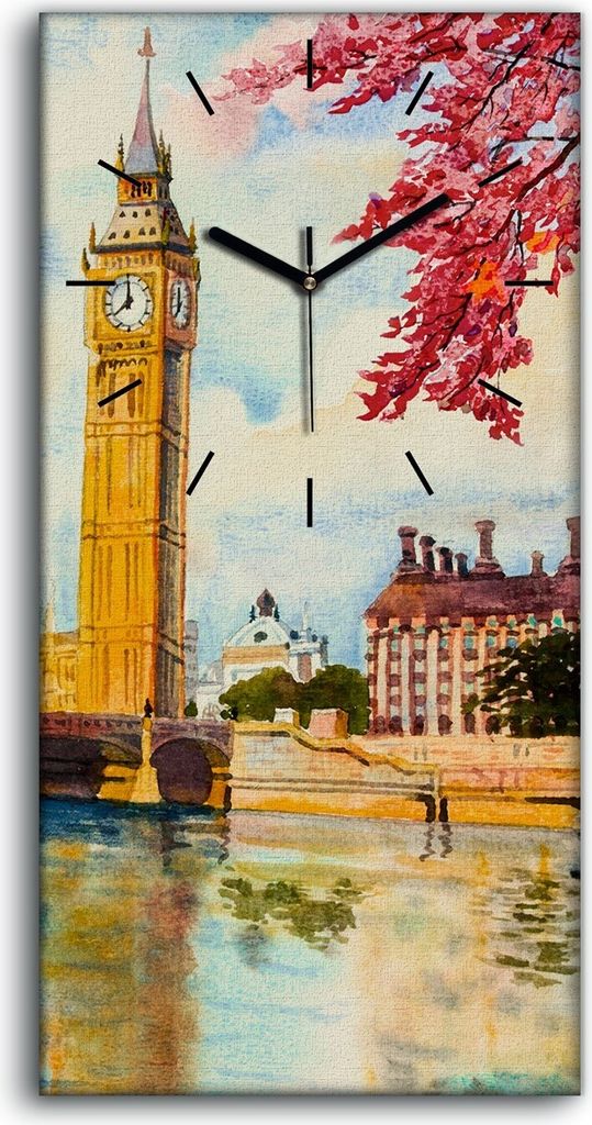 Dekor Leinwand Uhr Wandbilder Quarz 30x60 London Big Ben Wasser Baum Brücke - schwarze Hände