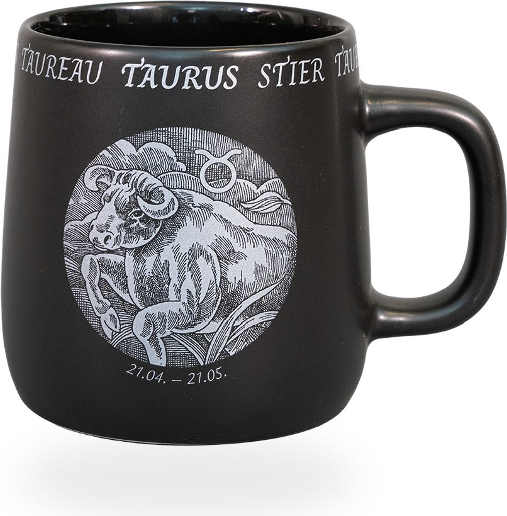 Könitz Kaffeetasse Sternzeichen Stier. Teetasse 395ml Bone China Porzellan. Design schwarz, vintage
