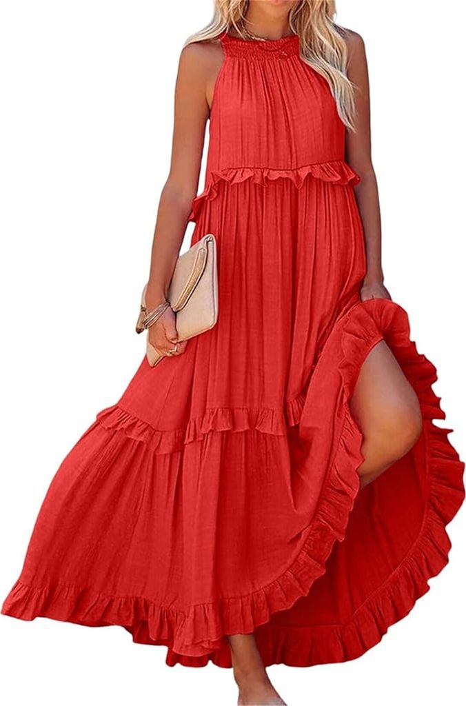 ASKSA Damen Langes Kleid Sommer Big Swing Strandkleid y Kleid Women Cover up Bikini Maxi Beachwear Kleider, Rot, Groesse: S