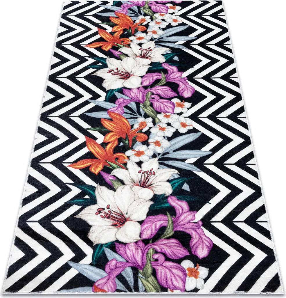 Tapis de Lavage Vintage 2300 Fleurs Antidérapant 160x220 Noir et Blanc