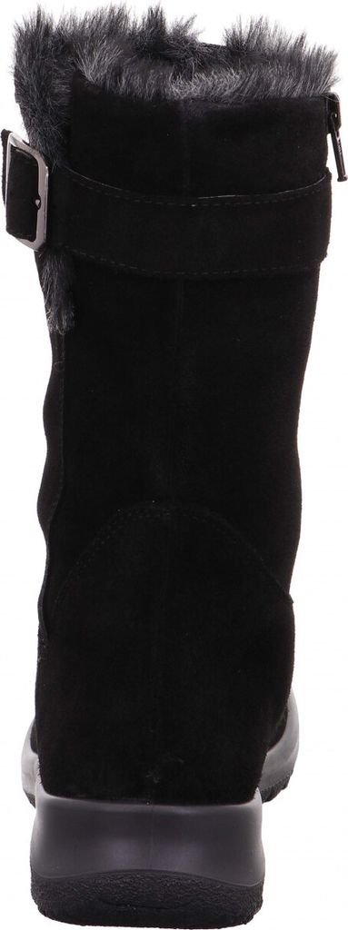 A back view of a black boot with fur trim.