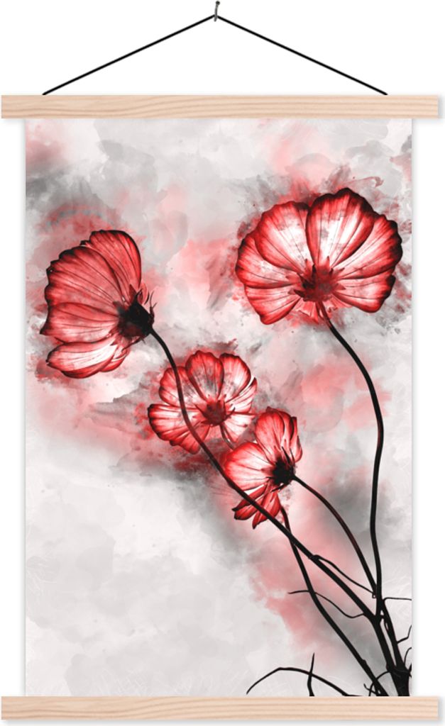 MuchoWow Textilposter Blumen - Aquarell - Rot 40x60 cm mit holzfarbenen Rahmen - Poster