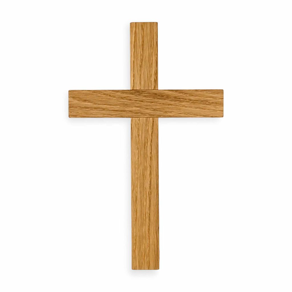 A wooden cross on a white background.