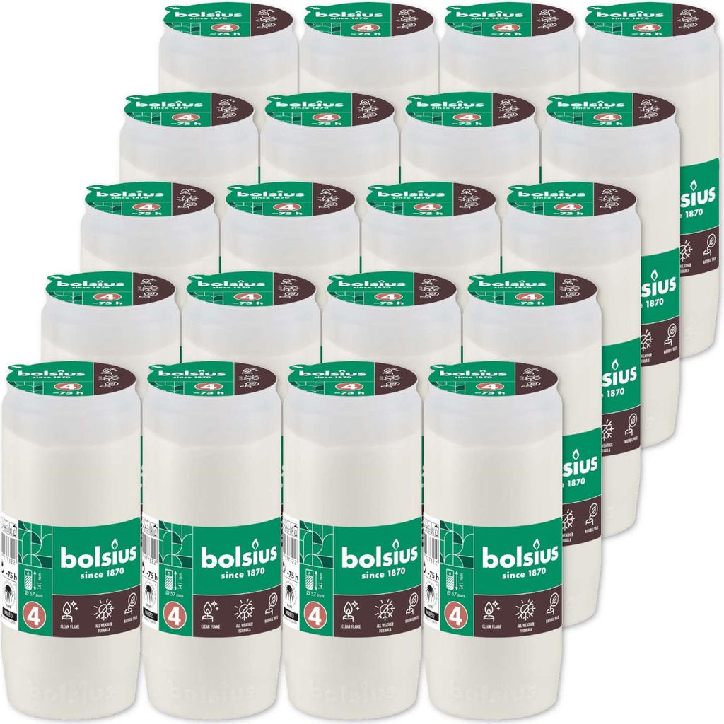 A group of white candle inserts in plastic containers, arranged in a grid.