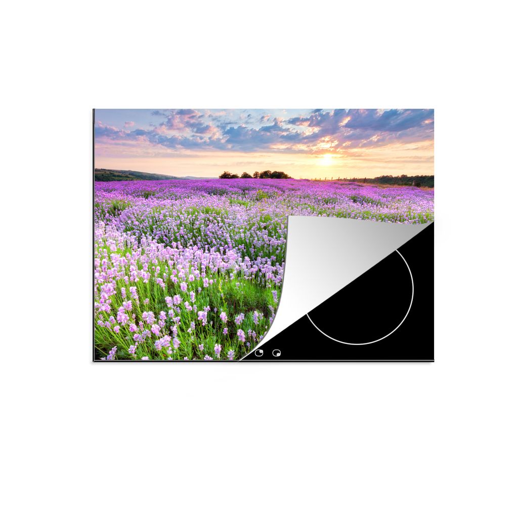 KitchenYeah Herdabdeckplatte Lavendel - Blumen - Sonnenuntergang - Lila - Wiese , 59x51cm, Küche Deko, Glaskeramikkochfeld Herdabdeckung, Abdeck...