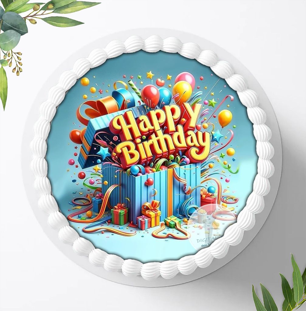 Für die Geburtstags Torte ein Tortenaufleger, Zuckerbild mit dem Motiv: Happy Birthday, Essbares Foto für Torten, Fondant, Ø 20cm, 2347z