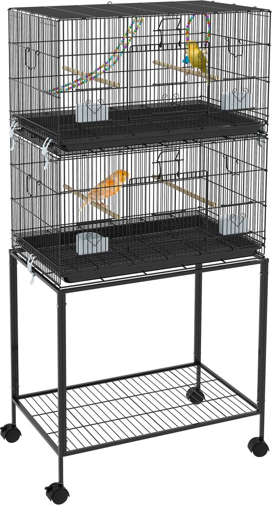 PawHut Vogelkäfig 77 x 46 x 164 cm, Metall-Vogelkäfig mit abnehmbarem Tablett, Sitzstangen, Futterspender für Kanariensittiche, Schwarz