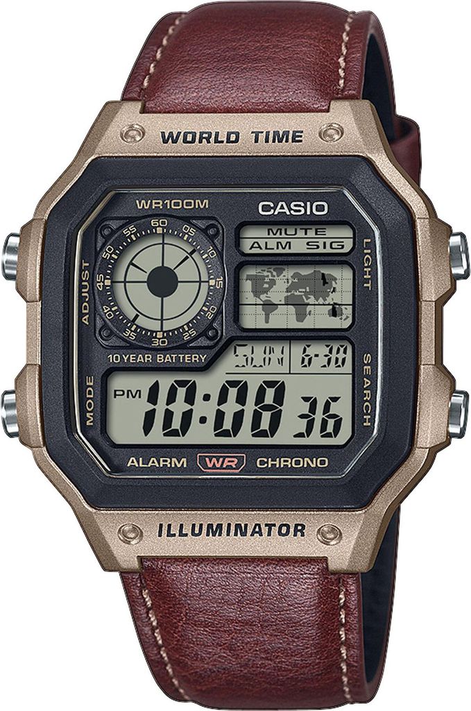 Casio Uhr Digital Armbanduhr Lederarmband AE-1200WHL-5AVEF