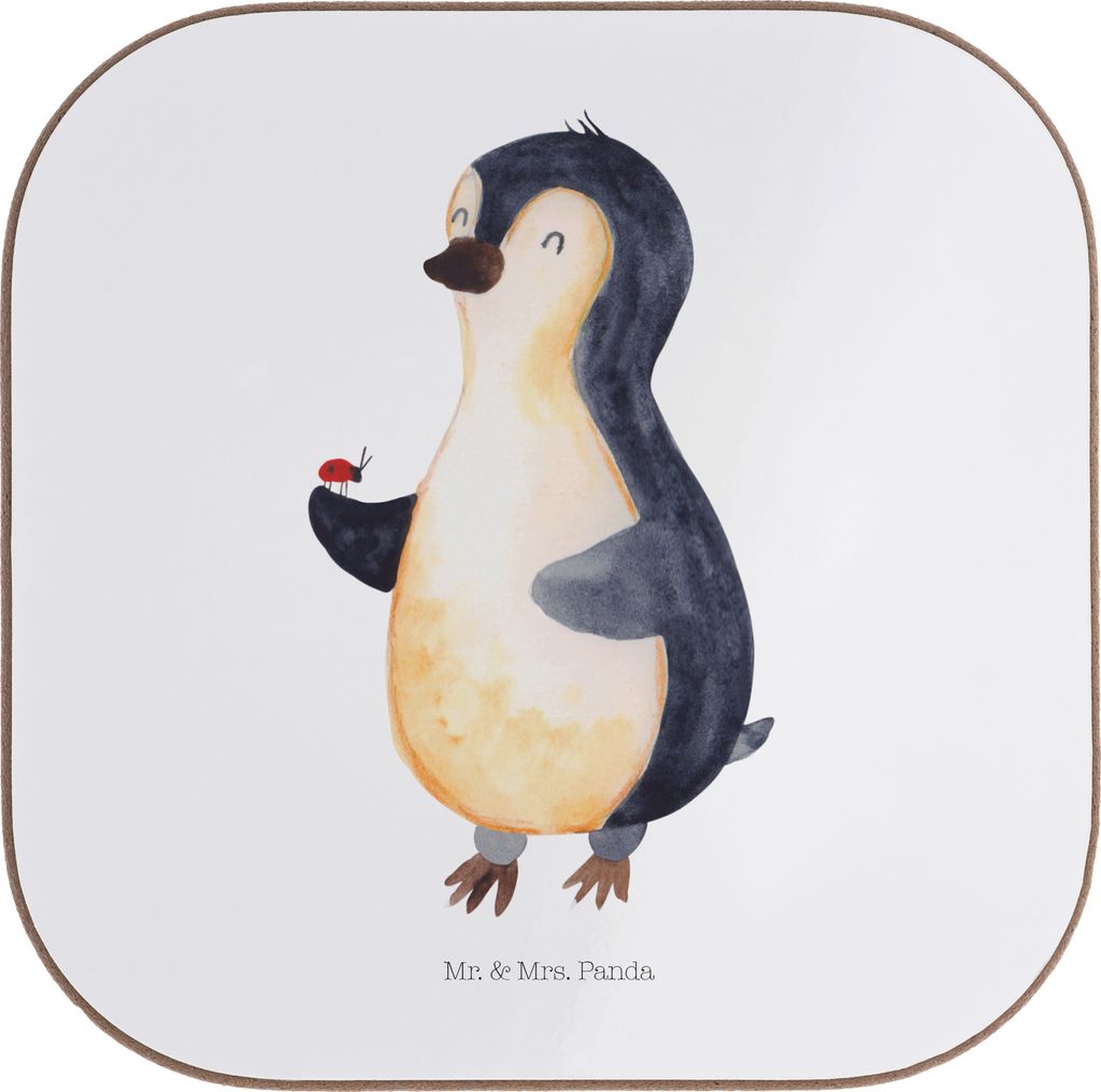 Mr. & Mrs. Panda Untersetzer Glas Pinguin Marienkäfer - Weiß - Geschenk, Aufmerksam, Kleine Wunder, Tassen, Pinguine, Holzuntersetzer, für Gläs...