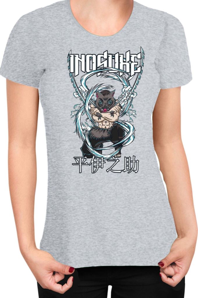 Damen T-Shirt Demon Anime Slayer Kimetsu No Yaiba Inosuke Hashibara 003, Lady XS / Grau