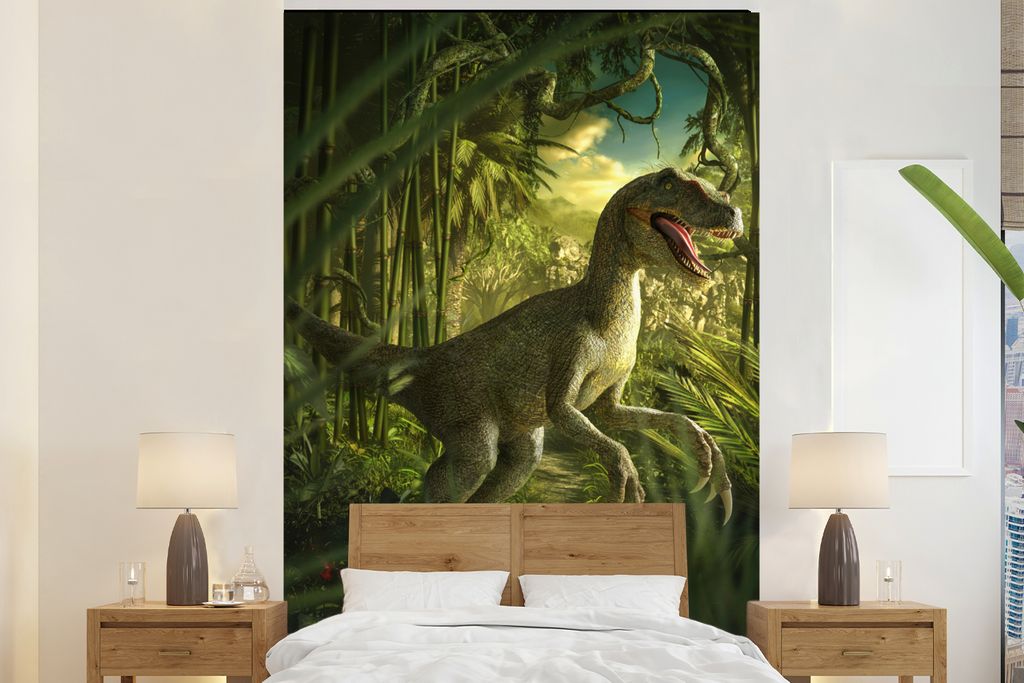 MuchoWow Fototapete für Wohnzimmer oder Schlafzimmer Wandtapete Vinyl Motivtapete Dinosaurier - Pflanzen - Grün - Illustration - Kinder - Junge...