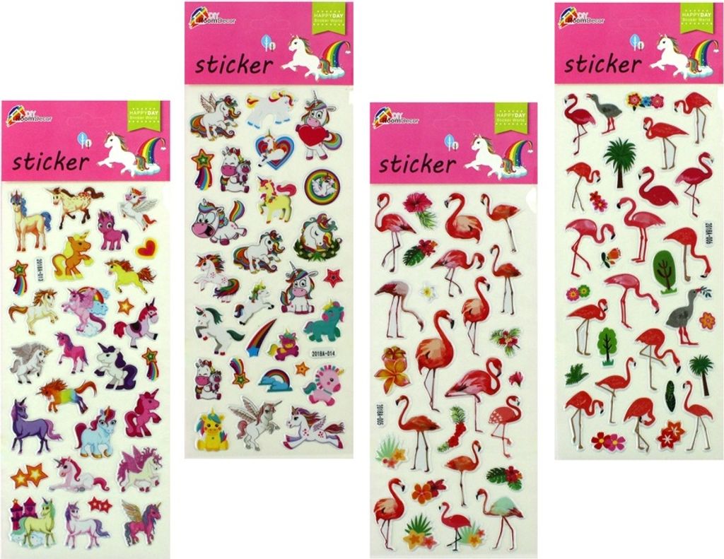 4er Set Sticker-Karte Flamingo & Einhorn, Aufkleber, Kartengröße je 30x11 cm, verschiedene Varianten