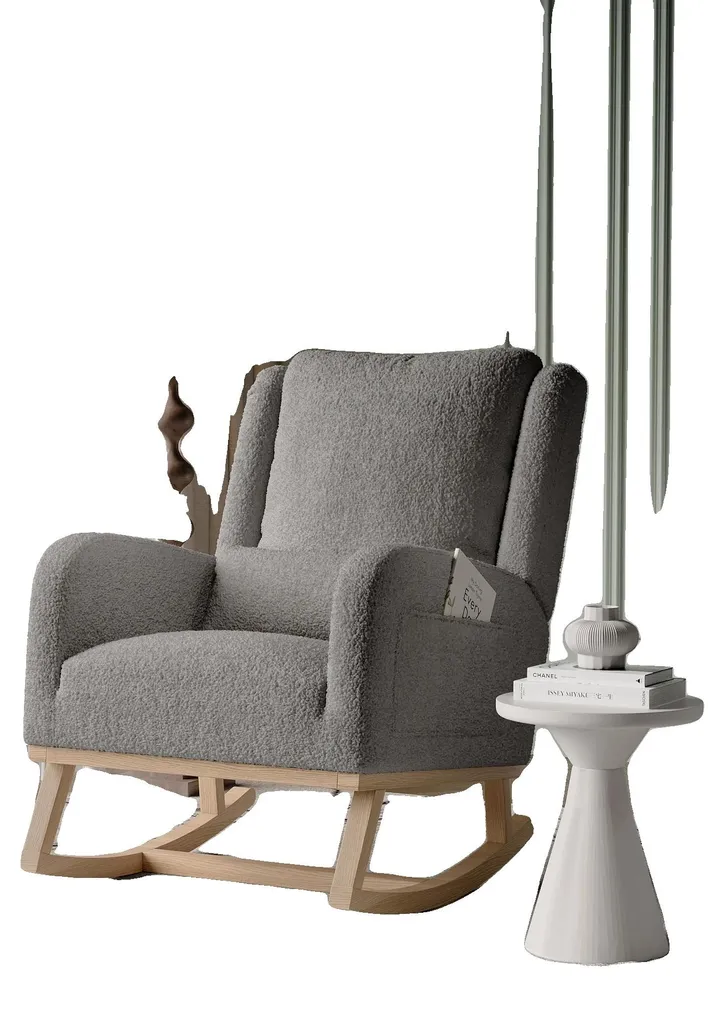 Rocking Chair ergonomique gris avec dossier lombaire et tissu Teddy doux