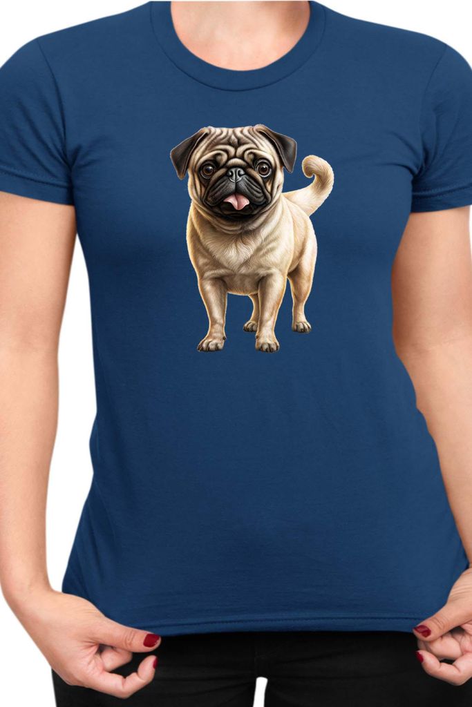 Damen T-Shirt Dogs Breeds Pug Dog Breed 007, Lady XS / Dunkelblau