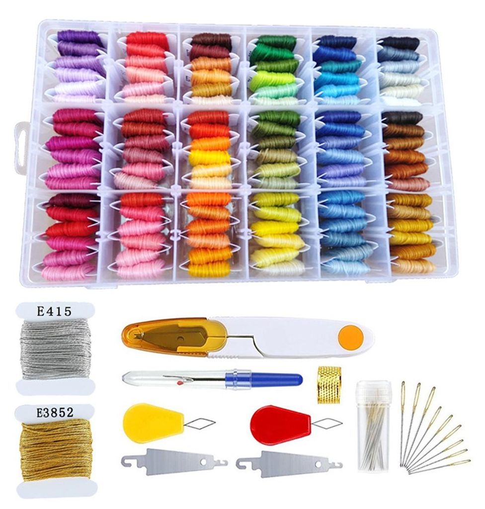 Stickgarn Kreuzstichfaeden, 108 Farben Stickgarne mit Organizer Aufbewahrungsbox Stickgarn Armband String Stickset Kreuzstichwerkzeuge