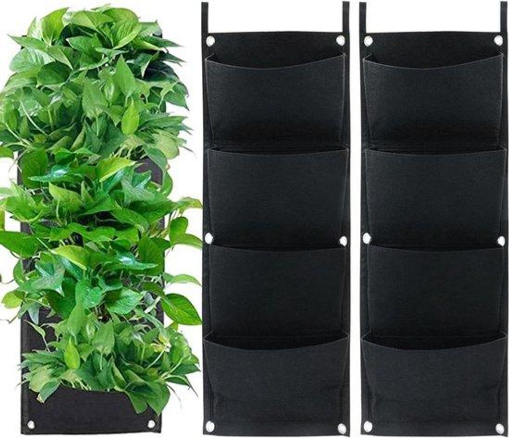 Set von 2 vertikalen Pflanzbeuteln mit 4 Taschen dickem Felt für Balkon Außen Garten Hof Büro Wohnzimmer Dekoration (Schwarz)