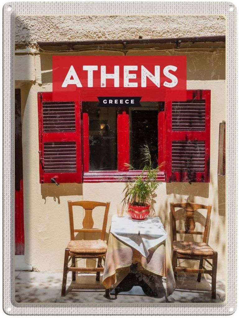 vianmo Blechschild 40x30 cm Athens Greece Cafe Fensterläden Bildmotiv Reisemotiv Abenteuer Reisen Urlaub