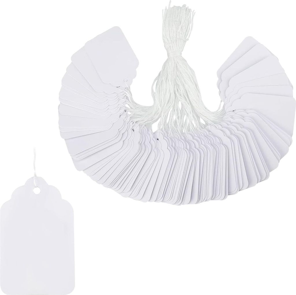 500 Stück Preisetiketten 30 mm x 48 mm Label weiß Etikett mit weißem dünnem Baumwollband für Kleidung Schmuckdisplay