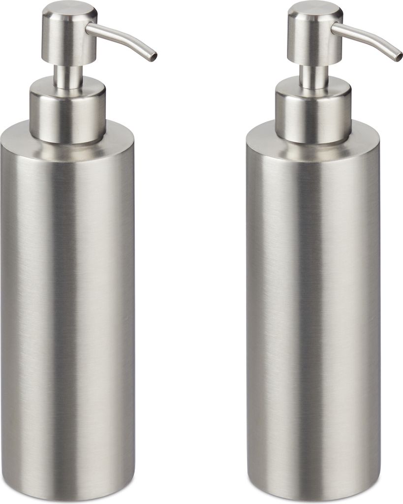 Relaxdays Zeepdispenser, 2 stuks, 300 ml, roestvrij staal, Productafbeelding 