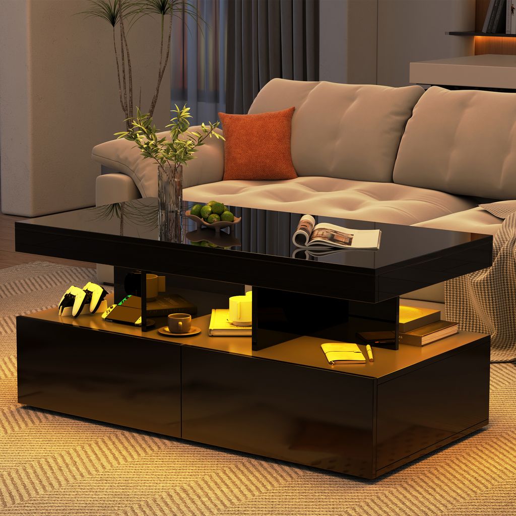 UnboxG Hochglanz-Couchtisch Beistelltisch mit LED-Beleuchtung und 2 Schubladen,104x53x46 cm – Beistelltisch mit Stauraum, Schublade, Wohnzimmerti...