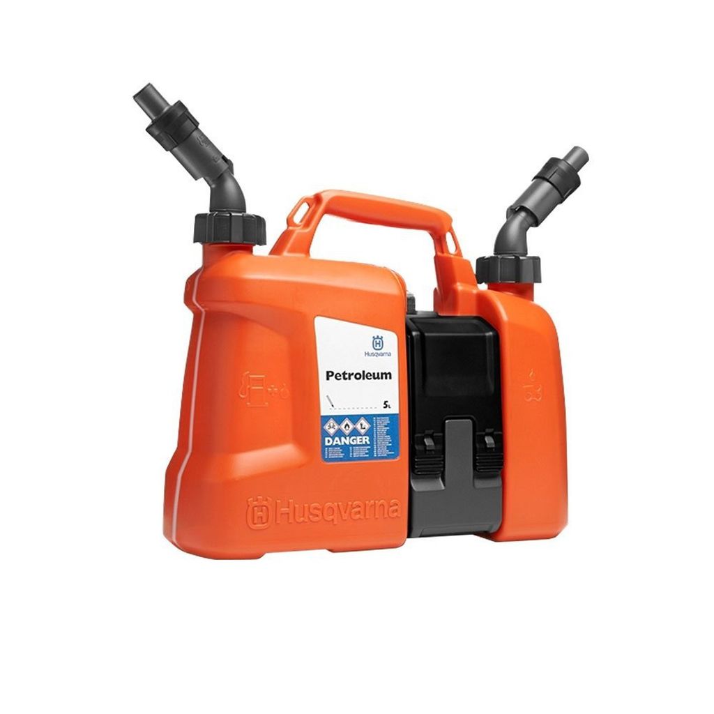 An orange and black Husqvarna combination fuel and oil canister with two spouts.