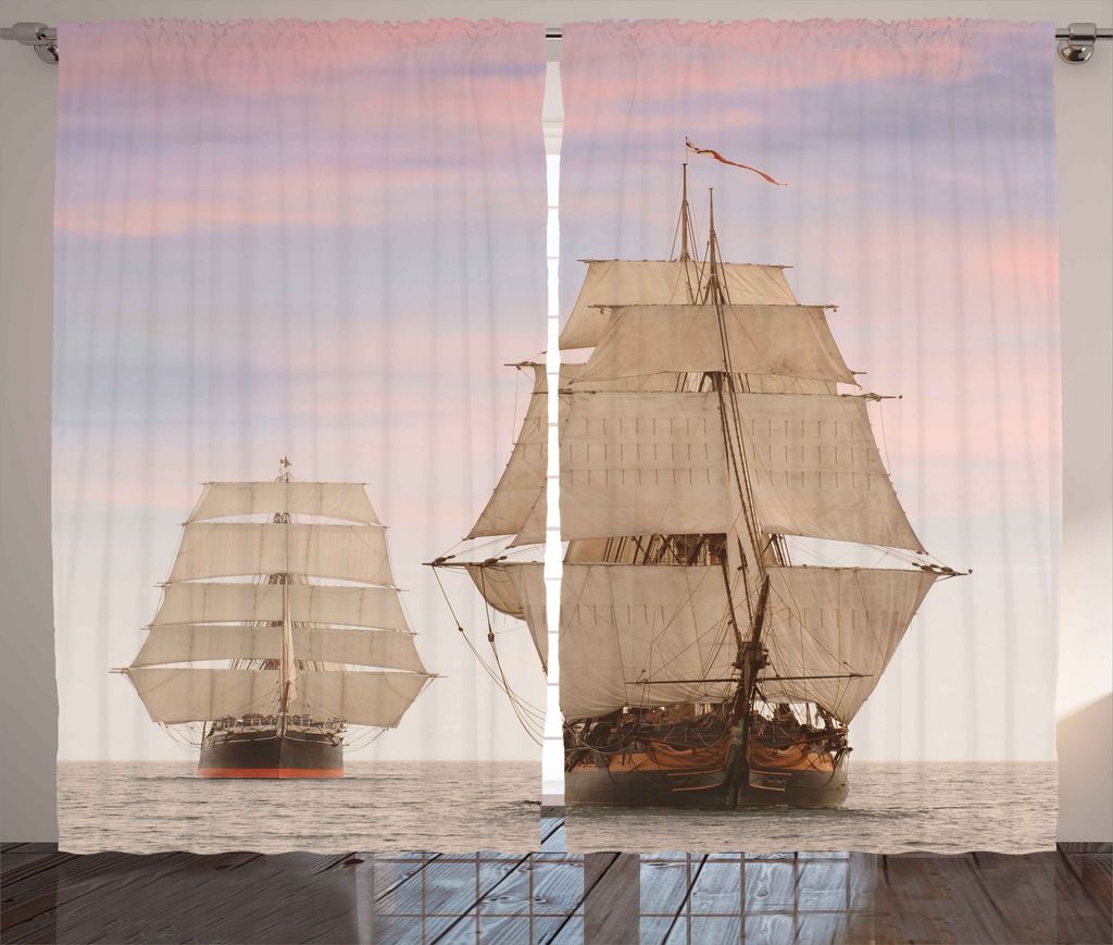 ABAKUHAUS Ozean Rustikaler Vorhang, Holzsegelschiff Waves, Wohnzimmer Universalband Gardinen mit Schlaufen und Haken, 280 x 175 cm, Creme und Blau ...