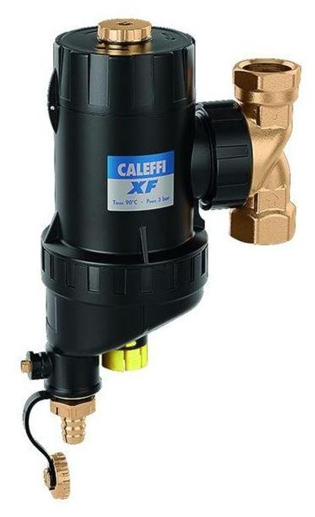 A black and brass water filter with a blue and white label.