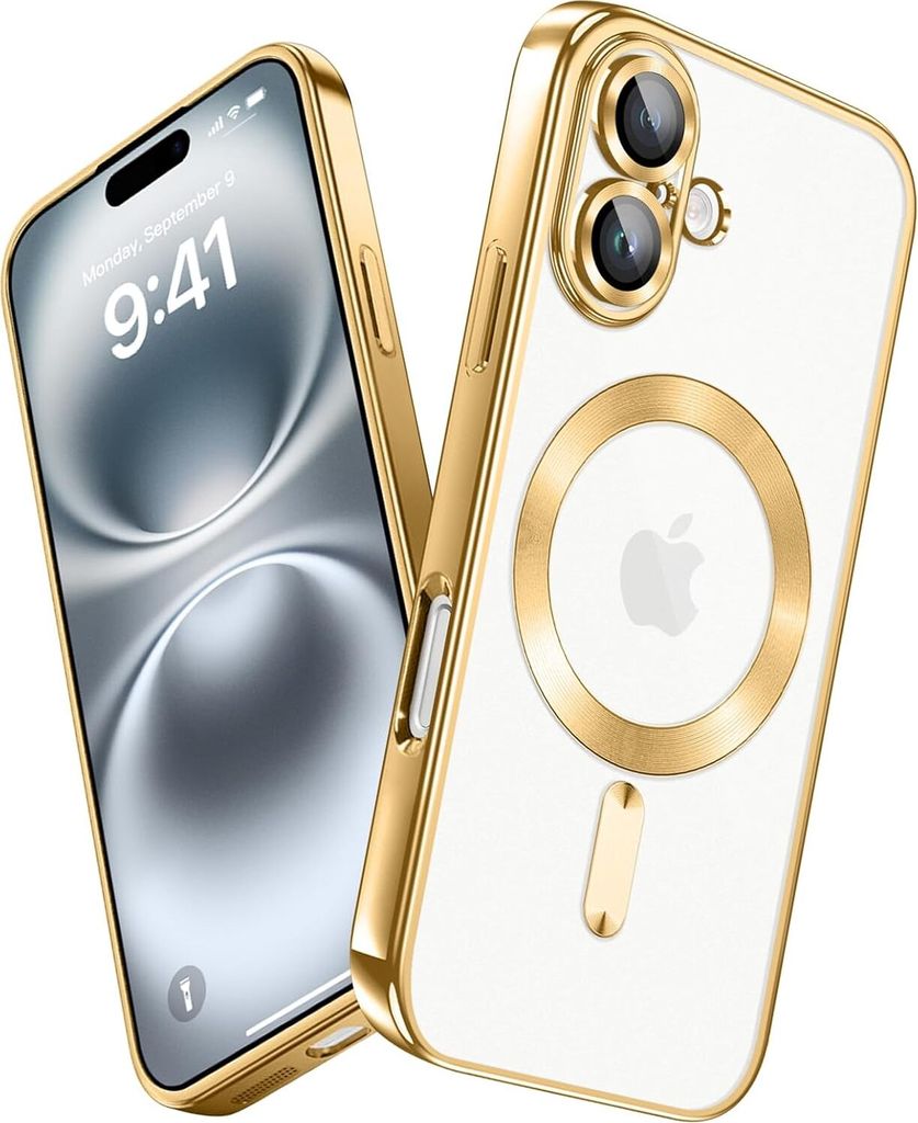 Handyhülle für iPhone 16 mit Magsafe und Kameraschutz, Magnetisch Ultra Dünn Klar Überzug Schutzhülle Gold