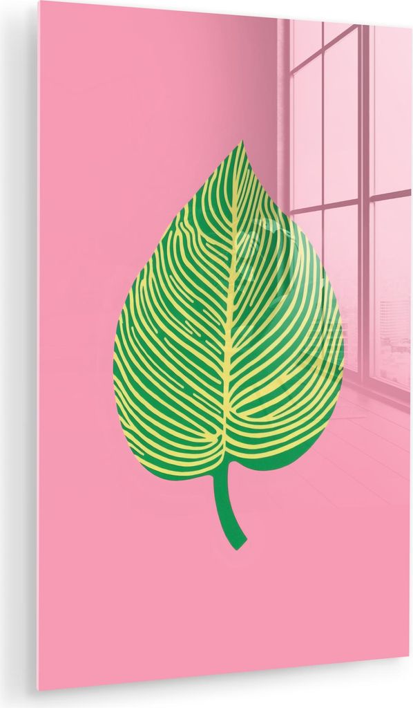 MuchoWow Glasbilder - Bilder auf Wandbild - Foto auf Glas Illustration - Blatt - Minimalistisch - Grün 40x60 cm Wanddekoration aus Glas - Acrylgla...