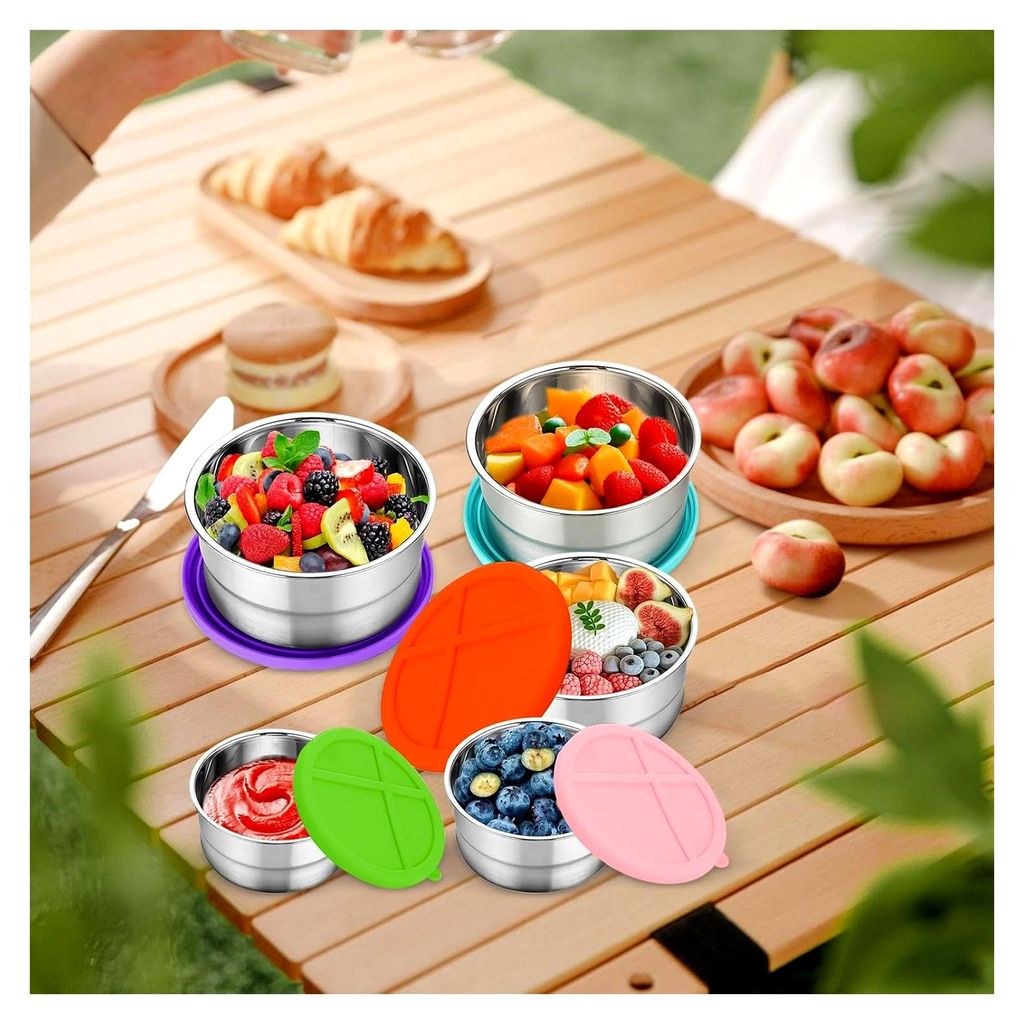 Lebensmittelbehälter aus Edelstahl, 5 Stück, mit Deckel, Aufbewahrungsbehälter für Snacks, Salate, für Küche, Picknick, Schule, Arbeit, Reise...