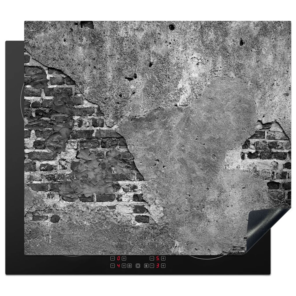 KitchenYeah Herdabdeckplatte Mauer - Ziegel - Zement - Beton - Schwarz - Weiß , 58x51cm, Küche Deko, Glaskeramikkochfeld Herdabdeckung, Abdeckp...