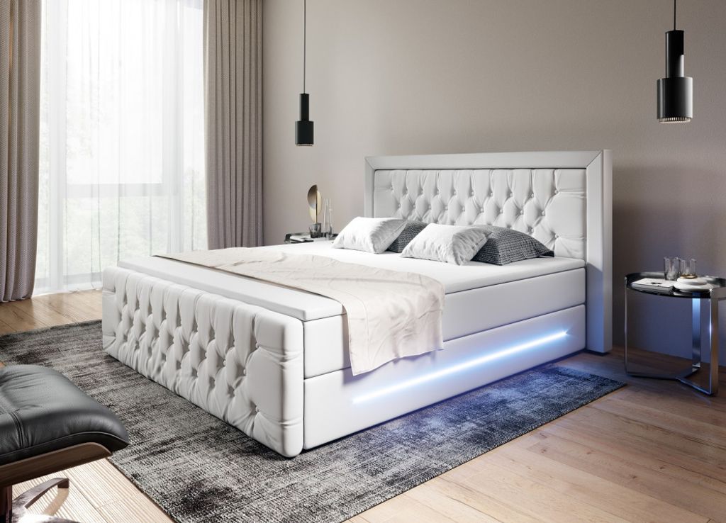 Moebelfest Boxspringbett 160x200 cm mit Blau LED-Beleuchtung: Polsterbett mit 2 Bettkästen, 2 Taschenfederkernmatratzen 7 Zonen, Topper sowie Kopf...