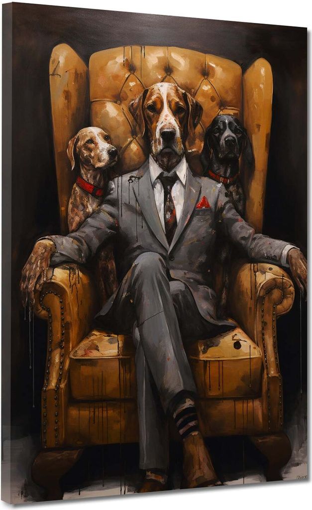 Hund im Anzug sitzend im Sessel Leinwandbild Wandbild Kunstdruck XL Wanddeko: 60x80x2cm