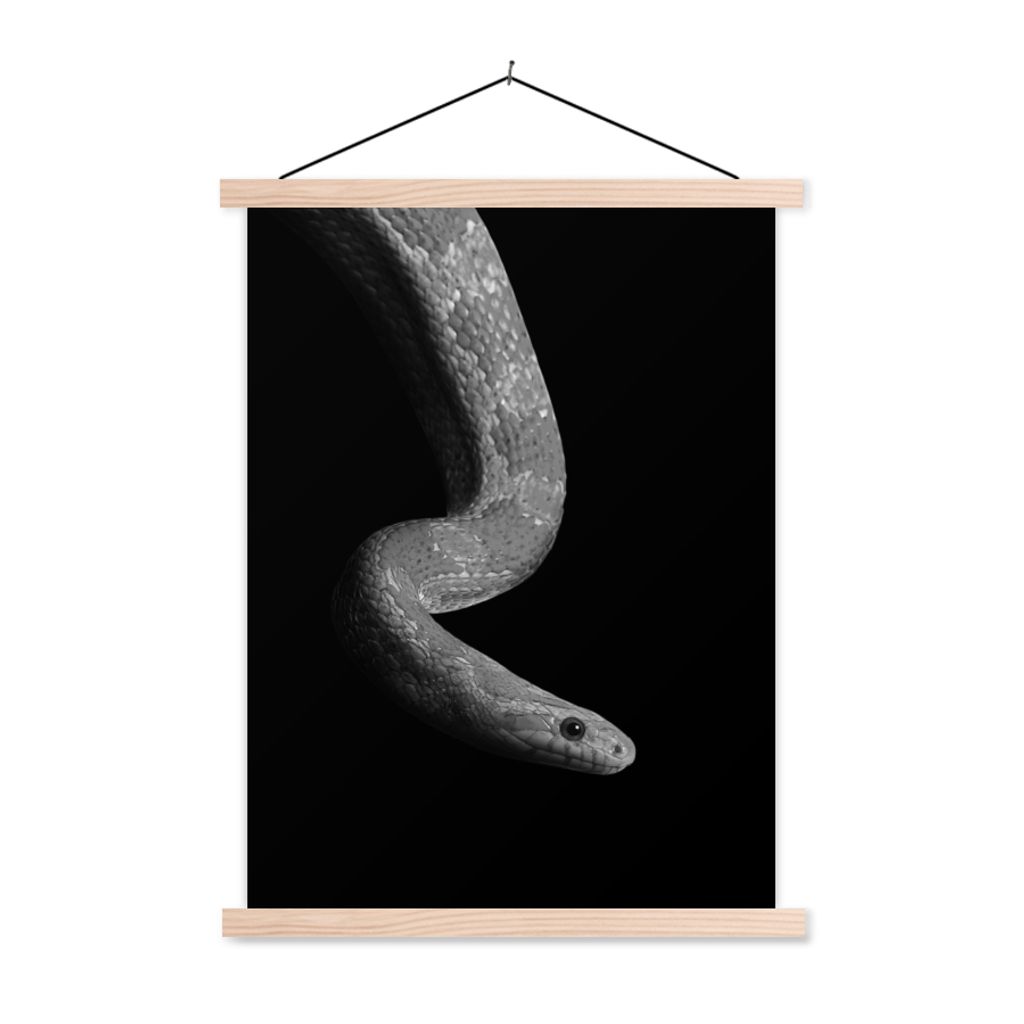 MuchoWow Textilposter Tiere - Schlange - Schwarz - Weiß - Porträt 40x53 cm mit holzfarbenen Rahmen - Schlafzimmer