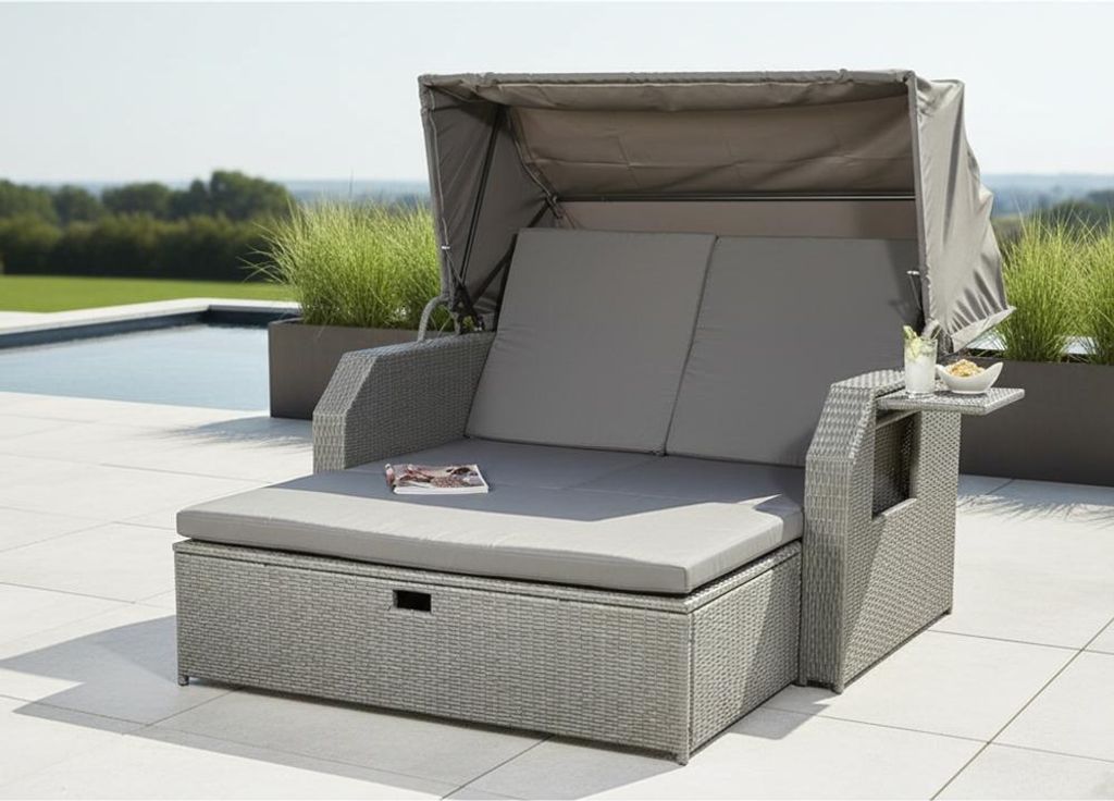 Mucola Strandkorb Rattan Sonnenbett mit verstellbarem Dach Polyrattan Sonnenliege Liegebett Relaxliege Gartenliege Gartenmöbel - Grau
