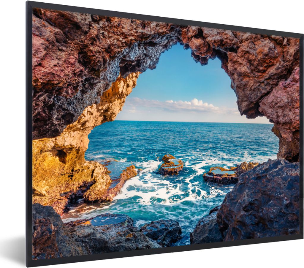 MuchoWow Gerahmtes Poster Höhle - Meer - Felsen - Natur 40x30 cm - Poster mit Schwarzem Bilderrahmen Wandposter Rahmen Foto Bilder - Kunstposter...