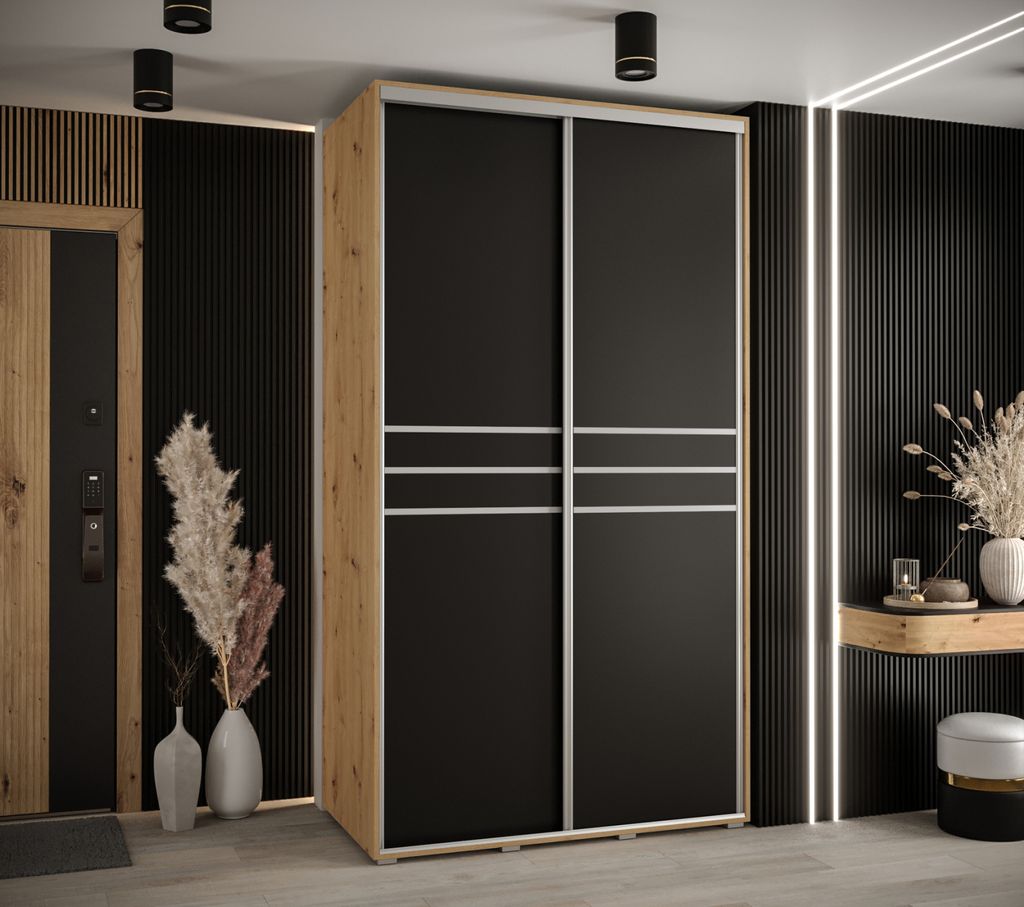 Kleiderschrank YVONA 10 - 140/60 cm, Eiche handwerklich / schwarz / silber