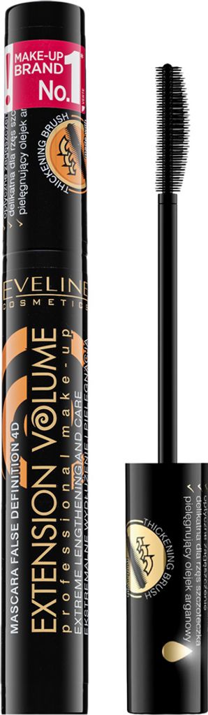 Eveline Extension Volume Waterproof 4D Mascara Black wasserfeste Wimperntusche für verlängerte Wimpern und Volumen 10 ml