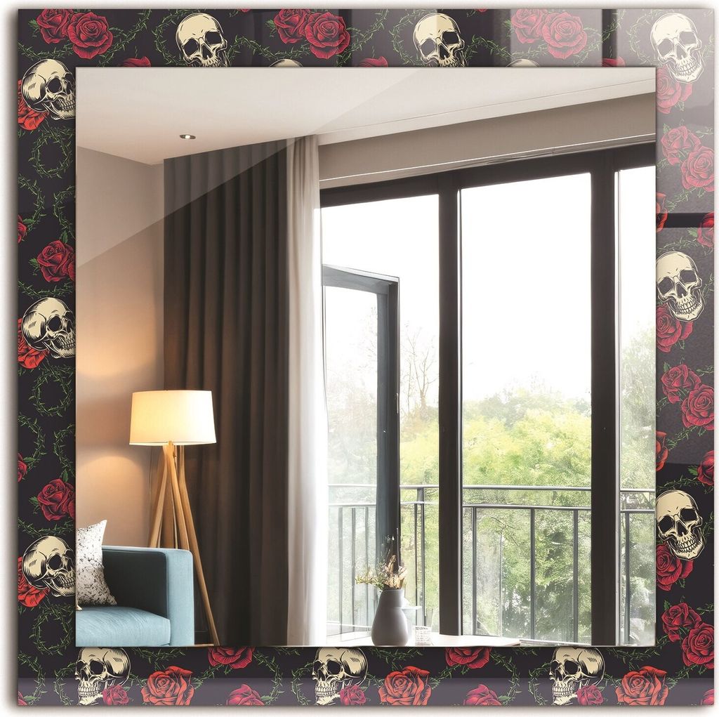 Dekorativer Wandspiegel - Bedruckter Spiegel - Motiv - 60x60 cm - Schädel-Rosen-Dornen