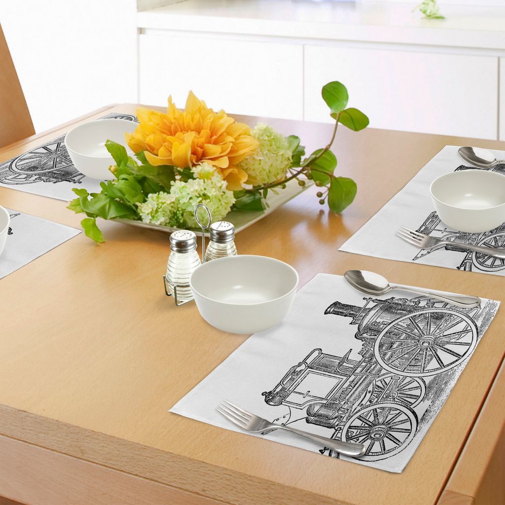 ABAKUHAUS Dampfmaschine Platzmatten, Alter Feuerwehrmann-LKW-Zeichnungs-Effekt-Bild-britischer antiker Transport, Tiscjdeco aus Farbfesten Stoff f...