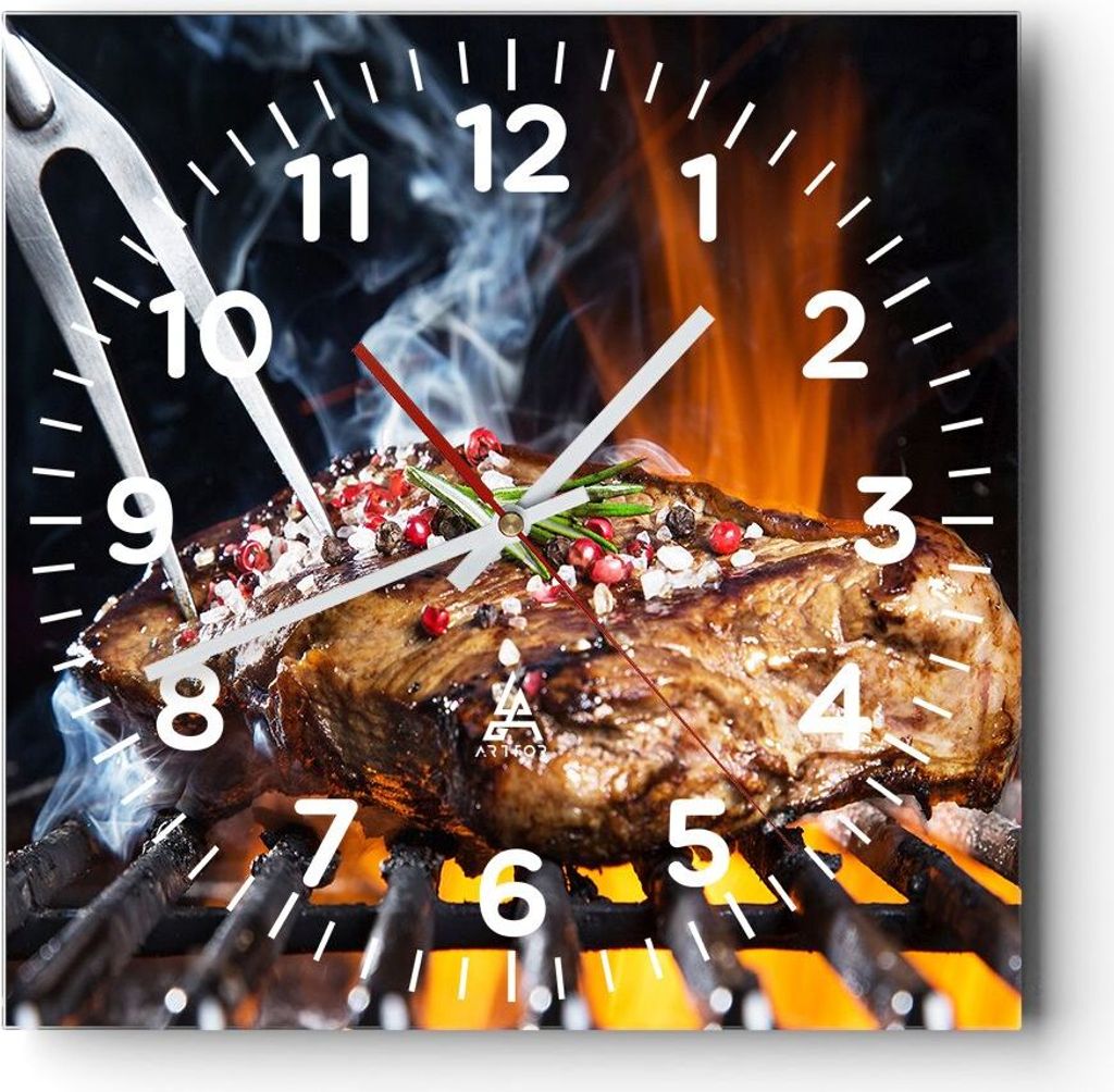 Wanduhr - Quadrat - Glasuhr - Steak Grill Flammen Essen - 40x40cm - Schleichendes Uhrwerk - Lautlos - zum Aufhängen bereit - Dekoration Modern - W...